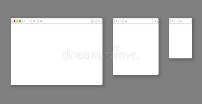 Browser mockups. Website different devices web window mobile screen internet flat template empty page network row vector set. Browser mockups. Website different devices web window mobile screen internet flat template empty page network row vector set
